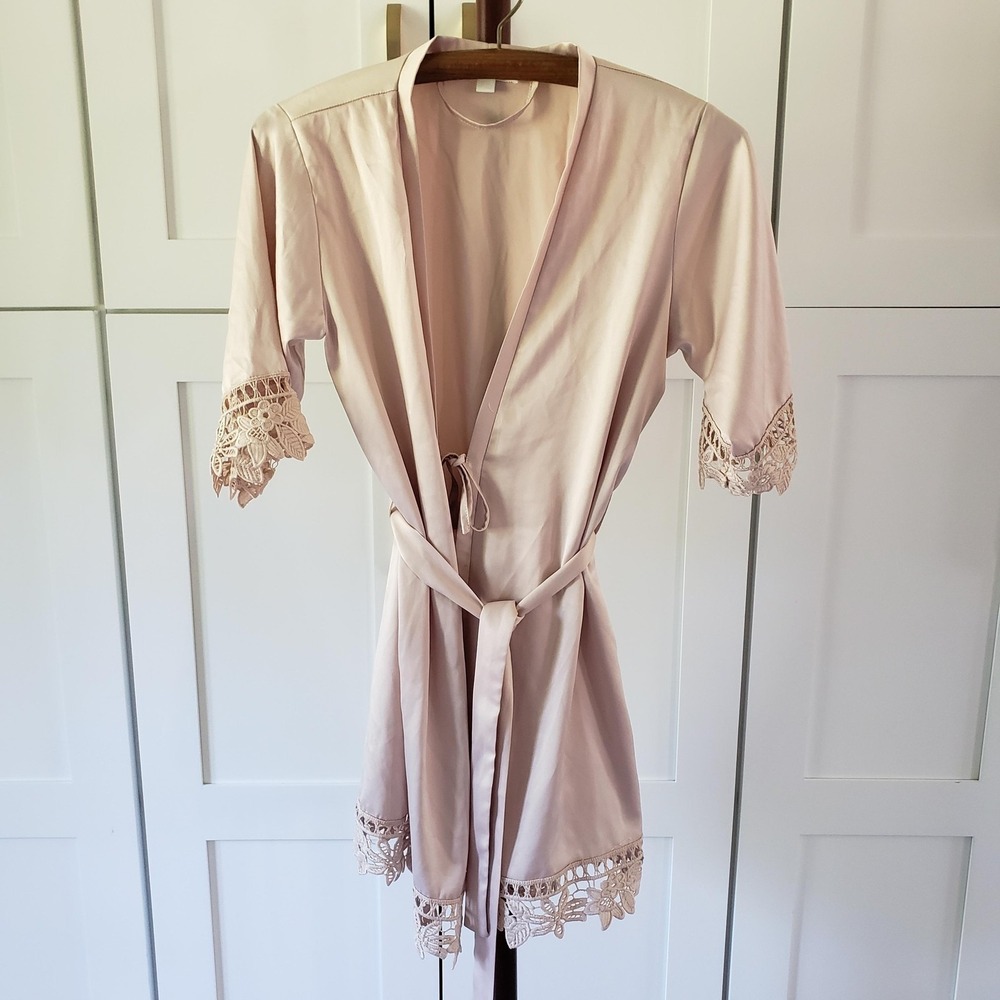 Satin Kimono Robe Girls Large Pink Lace Trim Belted Bridal Lounge Sleepwear‎